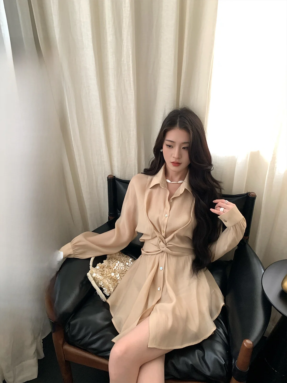 

Iceollo Summer Slim Fit irt orts Set Women's Casual Sle Thin Top Long Sve Faionable Design Waist-Cinching Outfit