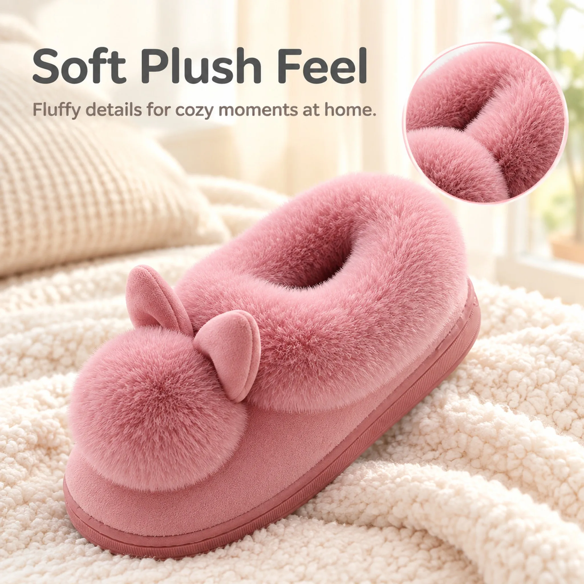 Cozy Bunny Ear Indoor Slippers, Plush Closed-Back House Shoes with Thick Sole for Women and Men