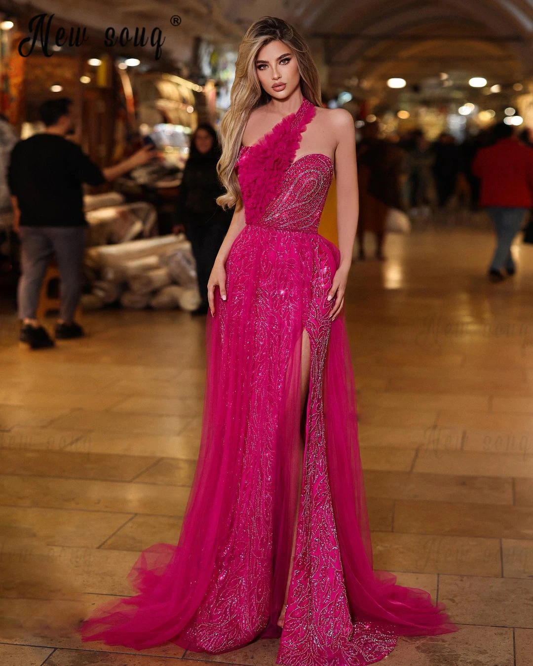 

Arabic Fuchsia One Shoulder Party Dress Hot Pink Prom Dresses Luxury Beading Bespoke Occasion Dresses فساتين للحفلات الراقصة