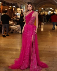 Arabic Fuchsia One Shoulder Party Dress Hot Pink Prom Dresses Luxury Beading Bespoke Occasion Dresses فساتين للحفلات الراقصة