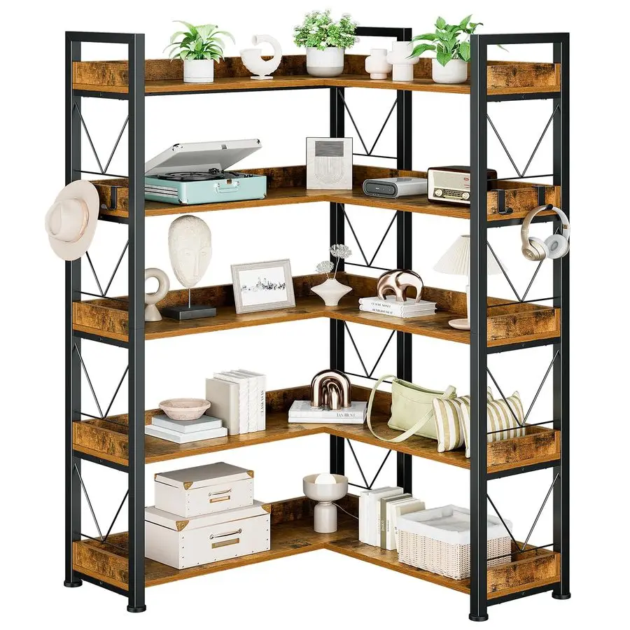 65 inch L Shaped Bookshelf, 5 Tier Corner Bookcase with Hooks and Edge, Industrial Pantry Shelves with Metal Frame, Wooden Open