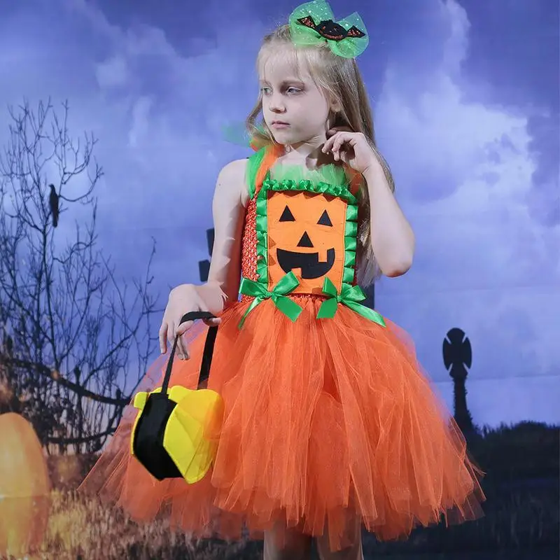 Meisje Halloween Pompoen Jurk Ghost Kostuum Mouwloze Print Jurk Met Haar Clips Halloween Outfits Verkleden Voor Feest