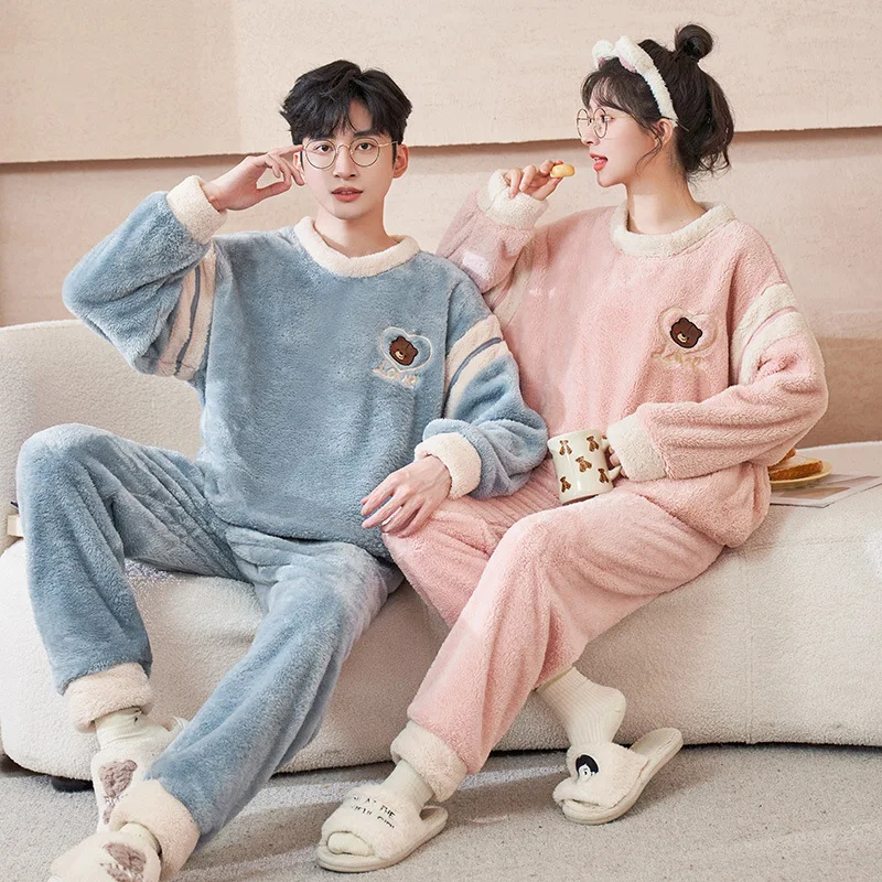 Casal flanela Plush Grosso Pijamas Set, homens e mulheres, tamanho solto, Warm Coral Velvet, Roupa para casa, Novo, Welcome Deal Discount