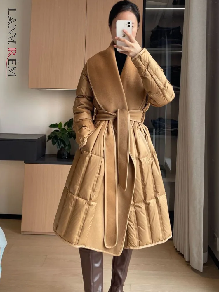 

LANMREM Down Jacket For Women 2024 Winter New High-end Woolen Splicing Belt Coats Big Label Female Warm Clothing 2DA8201