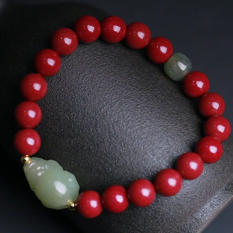 Cinnabar Bracelet with Hetian Jade Qingshui Pixiu Old Bear Accessories Men's and Women's Jewelry Gift