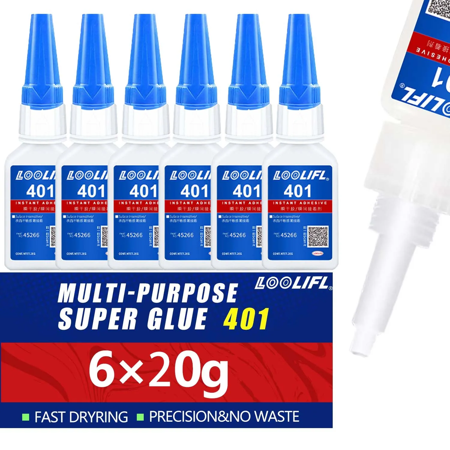 Loolifl-401 Super Cyanoacrylate Glue, Industrial Fast-Drying Adhesive, Strong Adhesive for Metal, Plastic, Rubber, and Wood, Universal Instant Adhesive, Low Whitening, Low Odor, Waterproof, High Strength, Quick-Drying Adhesive