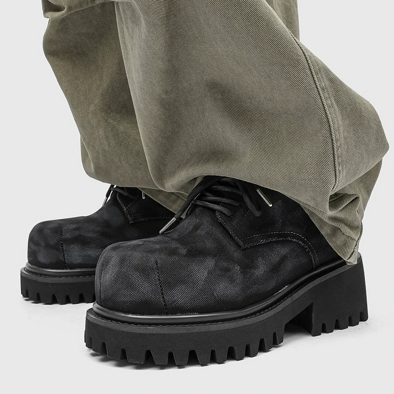 New  Men's Washed Denim Casual Shoes Increased Height Big Head Leather Shoes Spring Autumn Pure Color Adult Shoes
