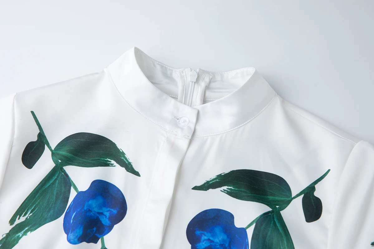 Letnia nowa koszula z nadrukiem Wąskie sukienki damskie Stójka Wysoka talia Krótki rękaw A-Line Długa sukienka Moda Party Sukienka z paskiem