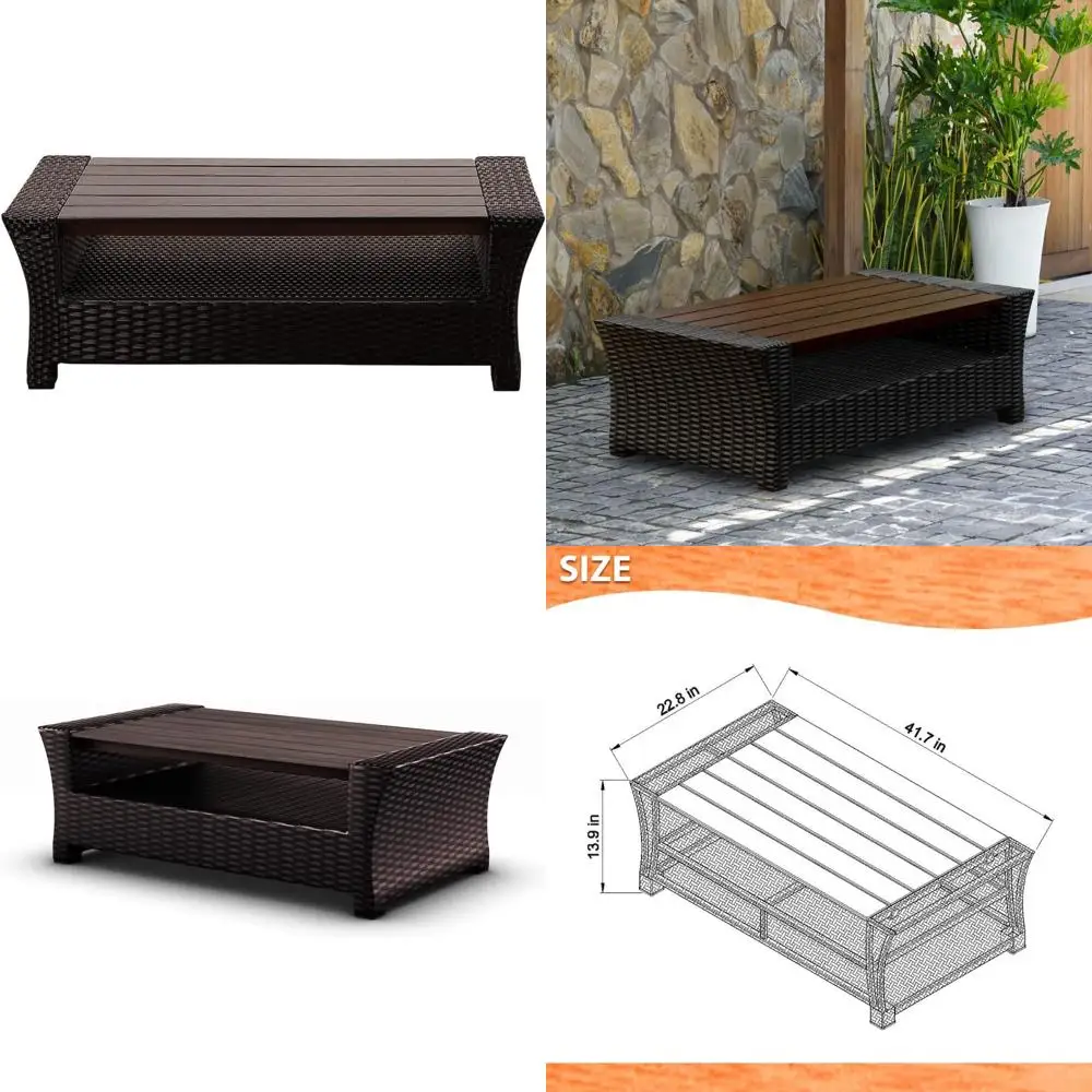 

Черный плетеный журнальный столик с рисунком гибискуса и пластиковой деревянной поверхностью