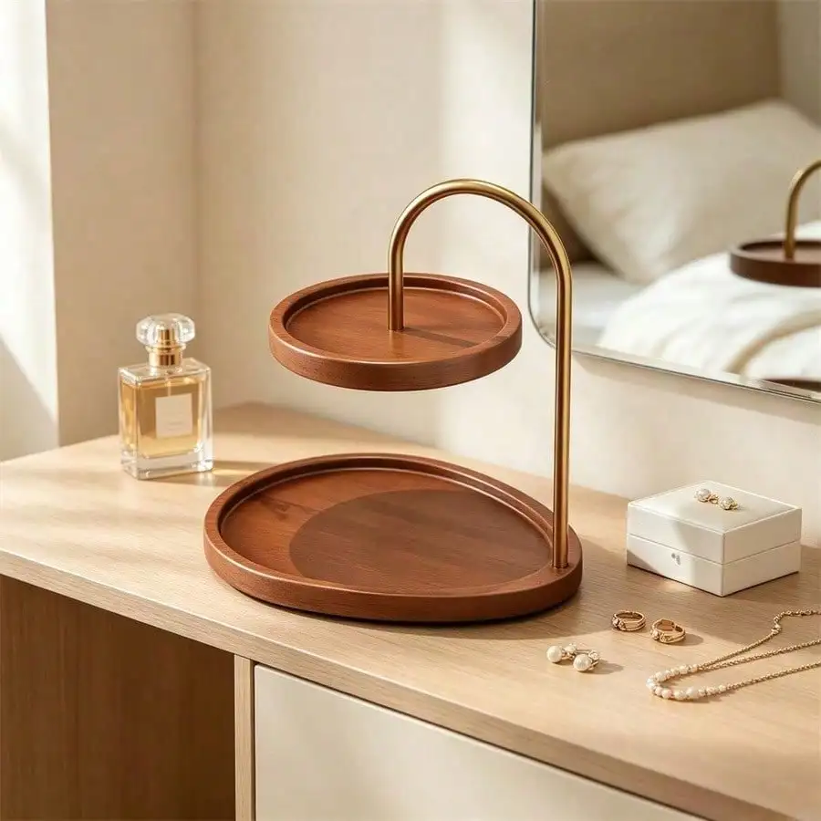 1Pc - 2-Layer Wooden Jewelry Storage Tray | Double-Layer Decorative Organizer, Multi-Purpose Dressing Tray, Suitable For Storing Perfumes, Watches, Keys, Cosmetics, Etc. Perfect For Displaying Jewelry In The Bathroom, Bedroom, Or Dressing Table.