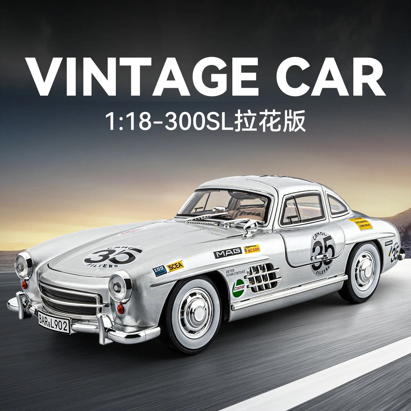 1:18 300SL Vintage Car Toy Models Alloy Diecast Sound Light Doors Opened Pull Back Rubber Tires for Birthday Gifts