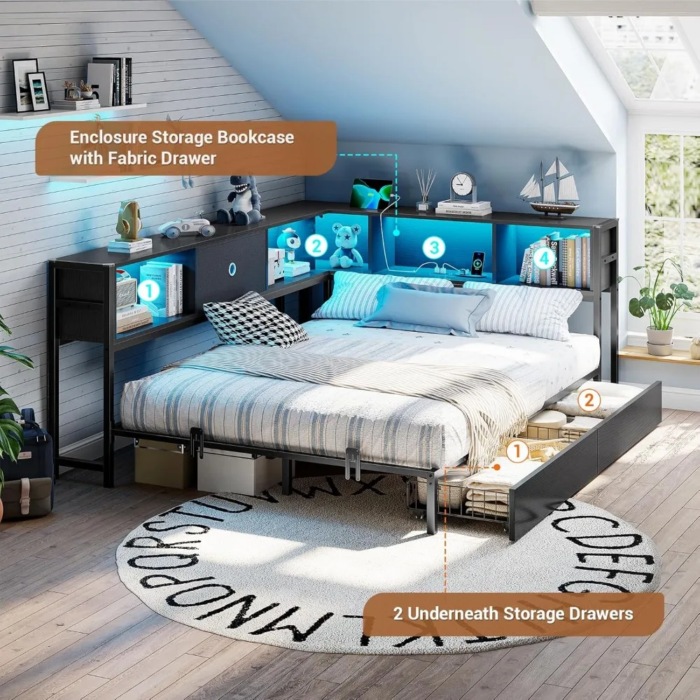 Estrutura de cama de canto completa com estante de armazenamento, cama de dia com gavetas de armazenamento, cama de plataforma de metal com estação de carregamento