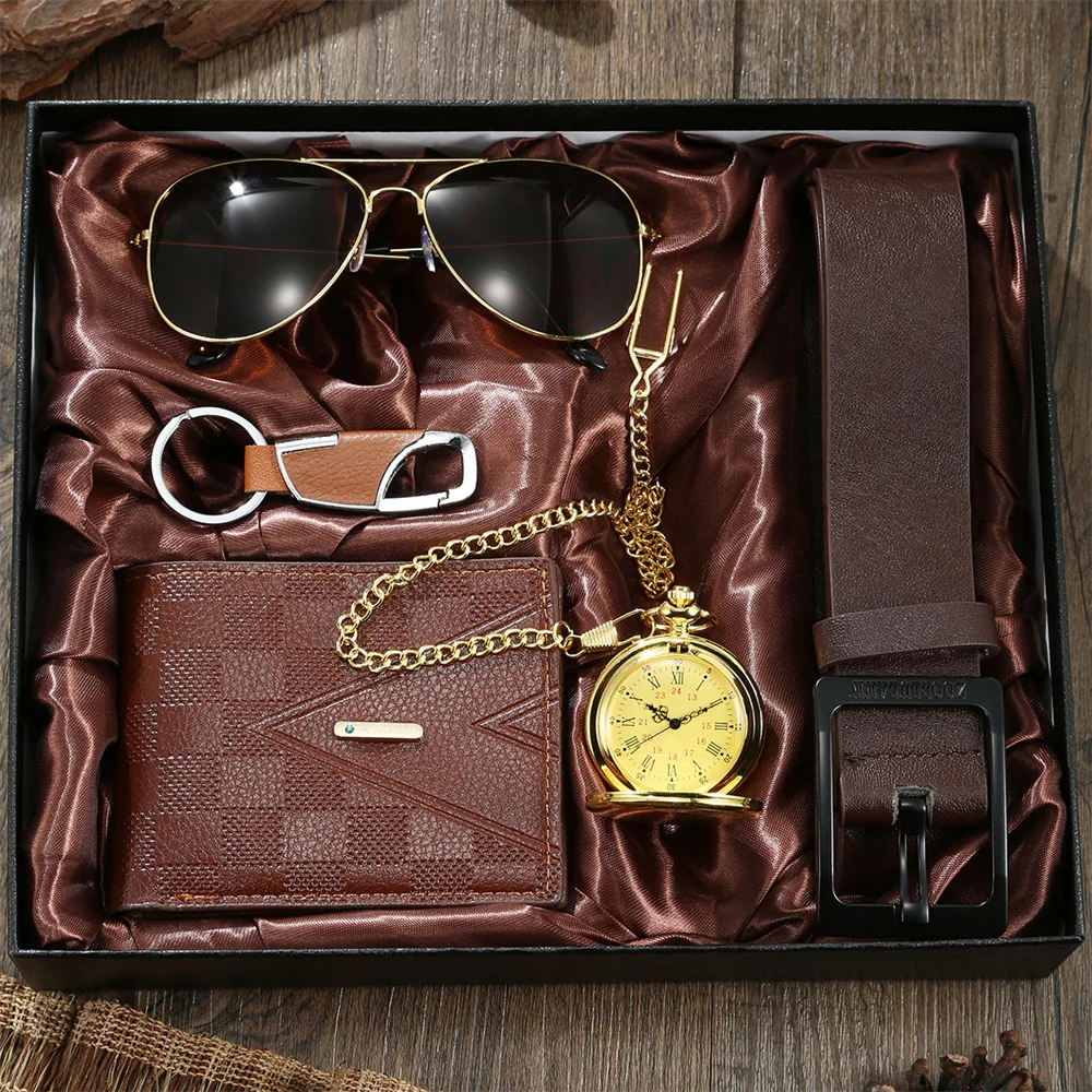 New Mens Gift Box Set Gold Pocket Watch Keychain Sunglasses Belt and Wallet Set for Men Boyfriend Dad Husband to My Son Gifts