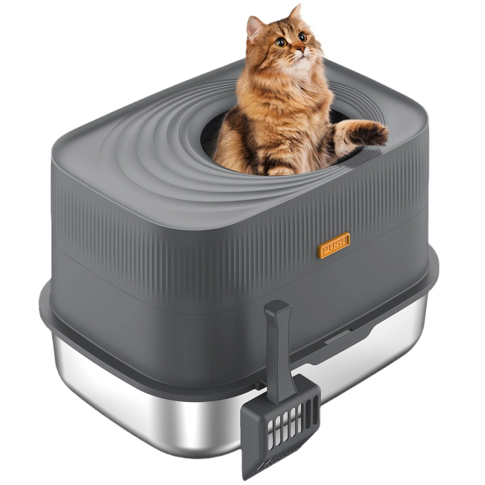 

Кошачий туалет из нержавеющей стали с верхним входом, крышкой и совком, закрытый лоток (темно-серый)