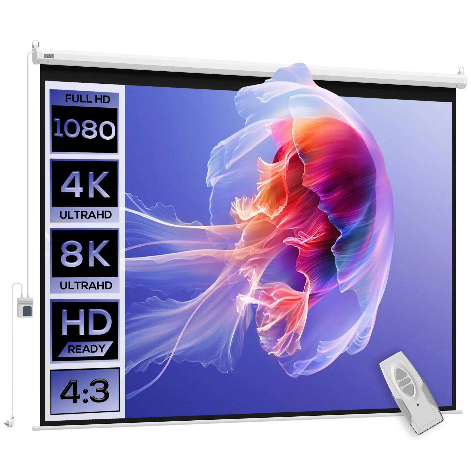 HOMCOM 84-inch 4:3 4K HD gemotoriseerd projectiescherm voor thuisbioscoop, wand- of plafondprojectie, bedieningspaneel en achterkant