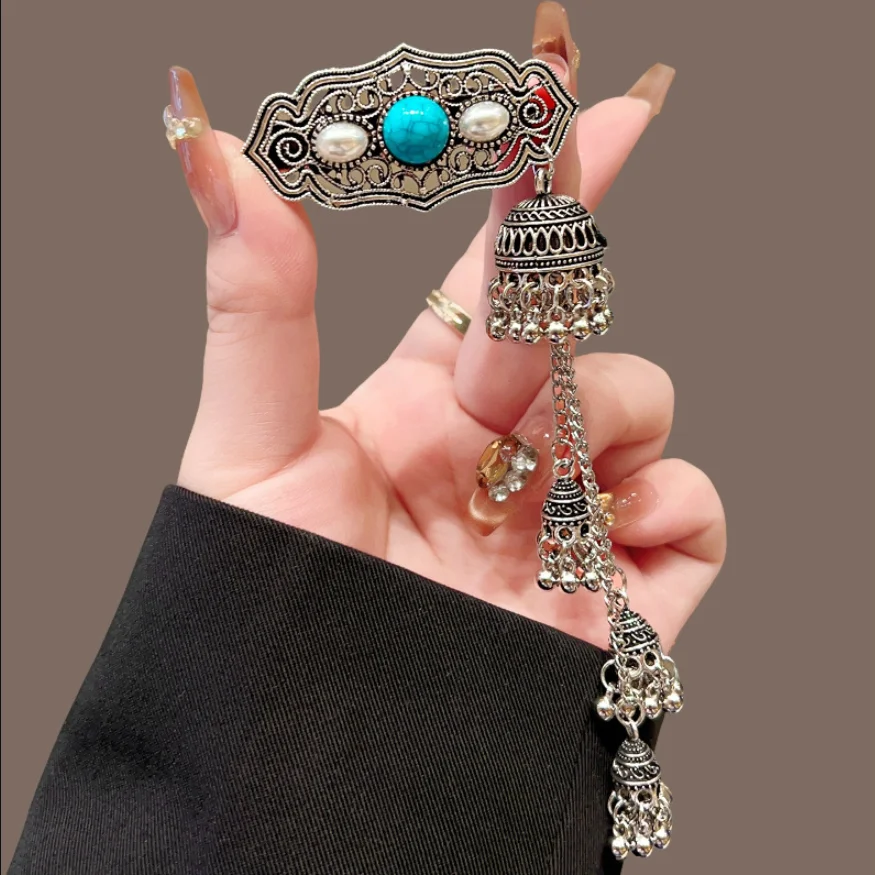 Ethnische Haarspangen im Glockenstil für Frauen, elegante Vintage-Haarspangen mit Metallquasten, trendige türkisfarbene Haaraccessoires für Mädchen – Detail 8