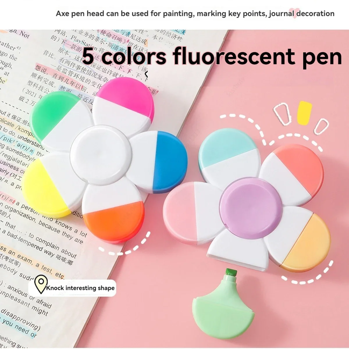 5 Colors Multifunctional Mini Rotary Highlighters, Quick Dry,for Journal Planner Note Marking School Office Stationery Supplies
