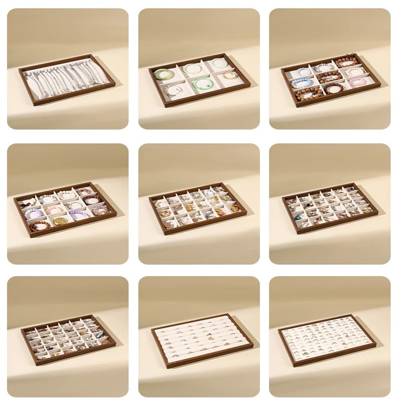 Schmucktablett aus Walnussholz mit Samtfutter, stapelbarer Organizer für Ringe, Halsketten, Armbänder, zur Aufbewahrung und Messe