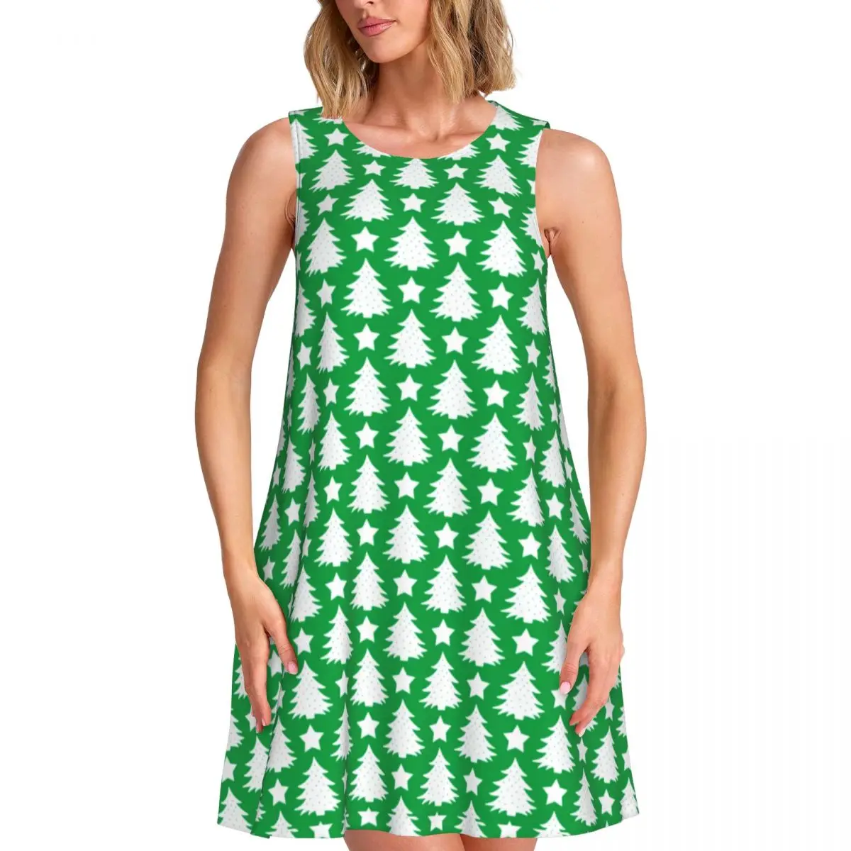 Whimsical Christmas Tree Casual Dress Star Green White Aesthetic Dresses Kawaii Dress Cheap O Neck Ladies Pattern Clothes