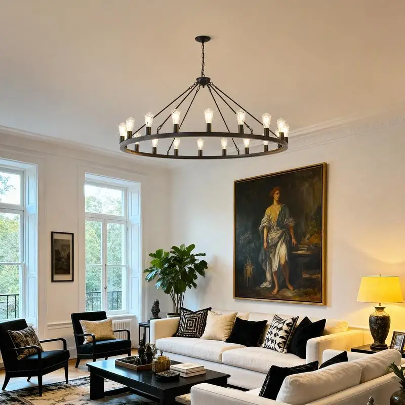 53" Black Wagon Wheel Chandelier, 18-Light Fixture (No Bulbs) - E26 Base