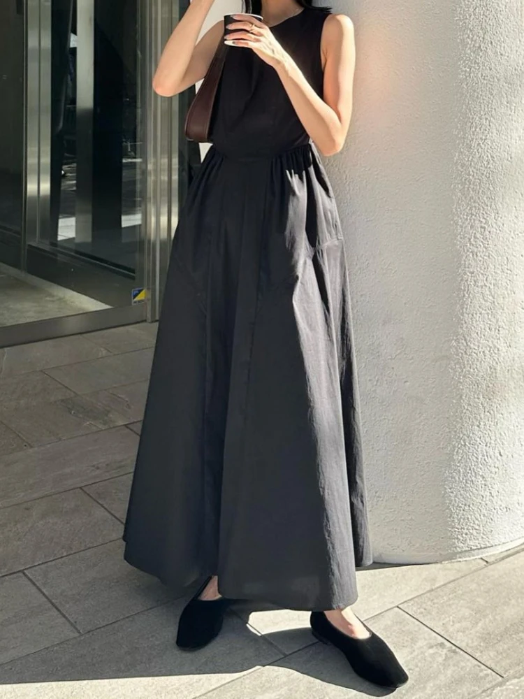 

Neploe Japan Early Autumn O Neck Sleeveless Vest Dresses A-line High Waist Pullover Femme Robe Loose Casual Ruched Vestidos