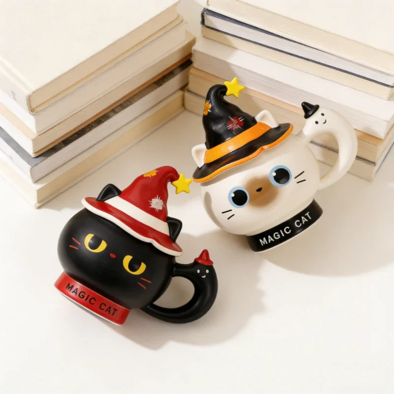 Cartoon Magic Hat Cat Coffee Mug with Lid, High Beauty Ceramic Cup, Women Home Office Gift
