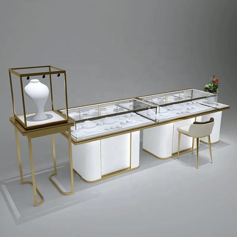 Custom. new fashion jewelry store display showcase tempered glass jewelry showroom display table with LED