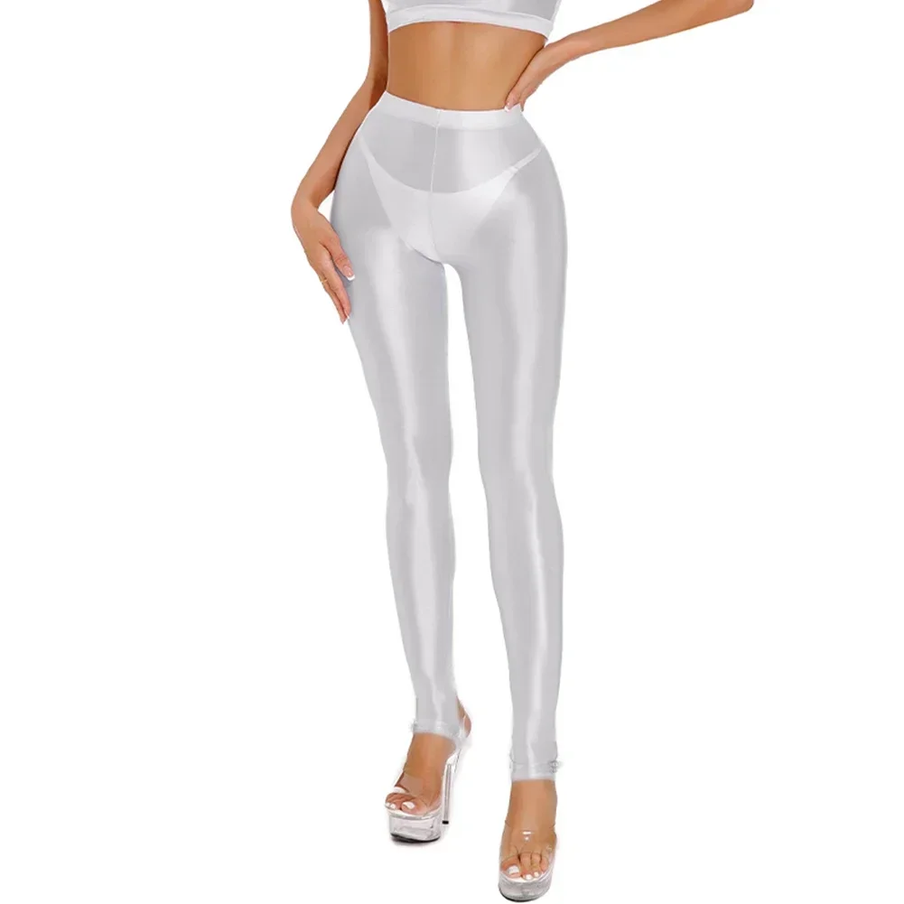 Women Sexy Pants Glossy Leggings High Waist Stretchy Skinny Pants Dance Yoga Training Pants See-through Underwear Night Clubwear