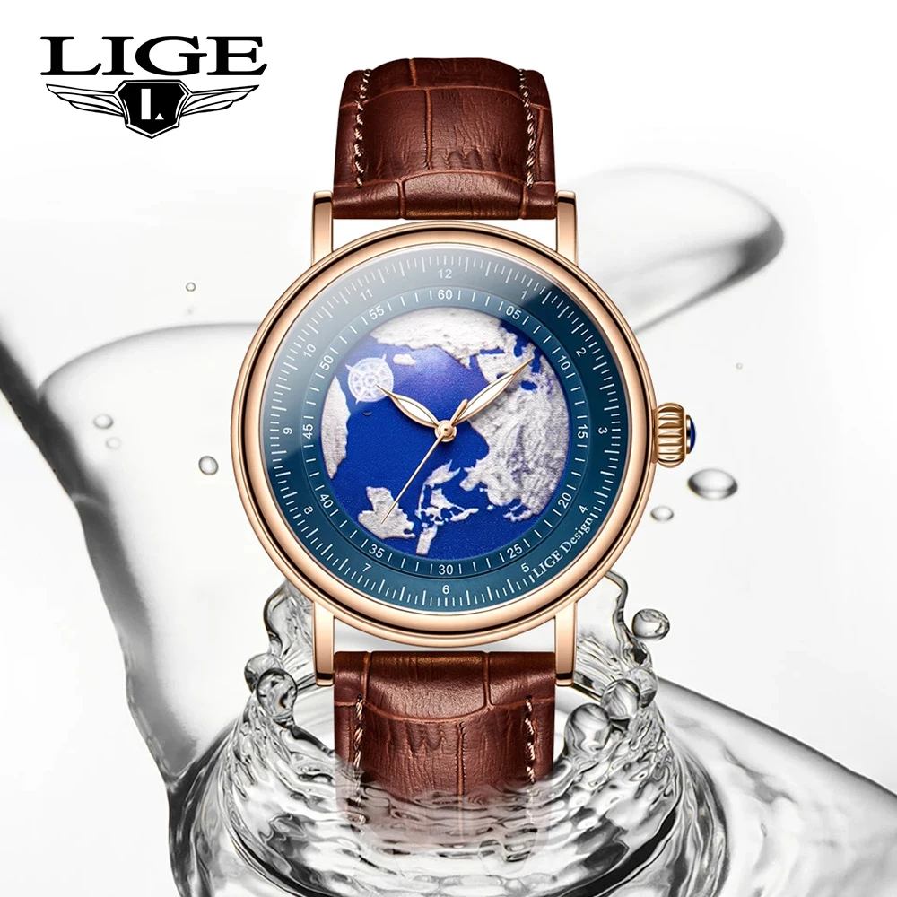 

LIGE New Fashion Personality Creative Earth Quartz Watches Business Leather Strap Sport Waterproof Male Clock relogio masculino