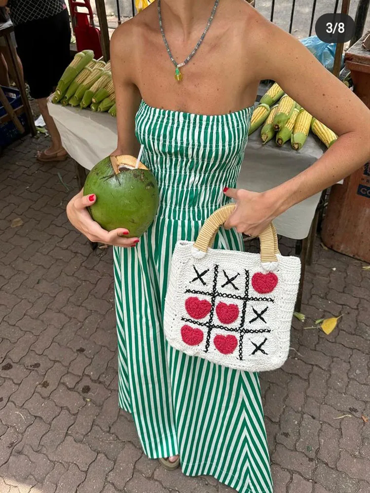

2025 Summer New Women's Green Striped Striped Summer Dress Women's Casual Strapless Long Skirt Beach Holiday Party Dress Ladies