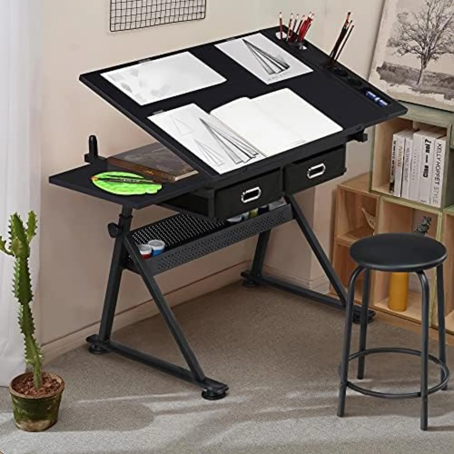 Adjustable Drafting Table Art Desk, Storage Drawers & Stool, Black