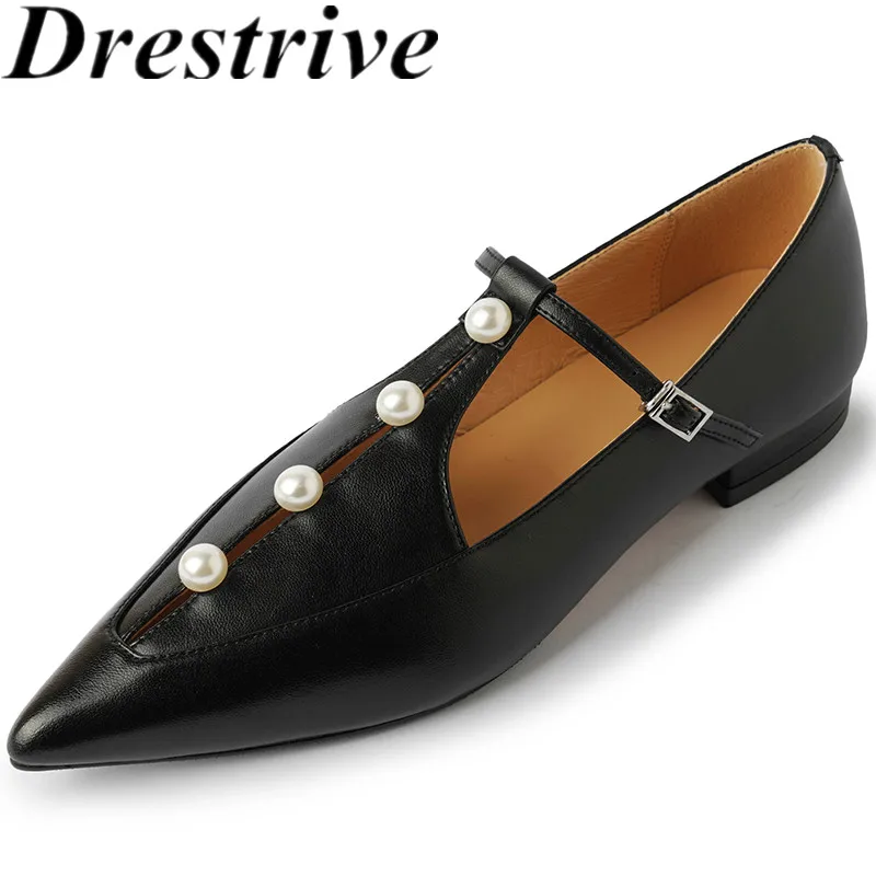 

Drestrive 2024 Fashion Mary Janes Full Genuine Leather Pointed Toe Flat With Heel Buckle Sheepskin Women's Pumps High Quality