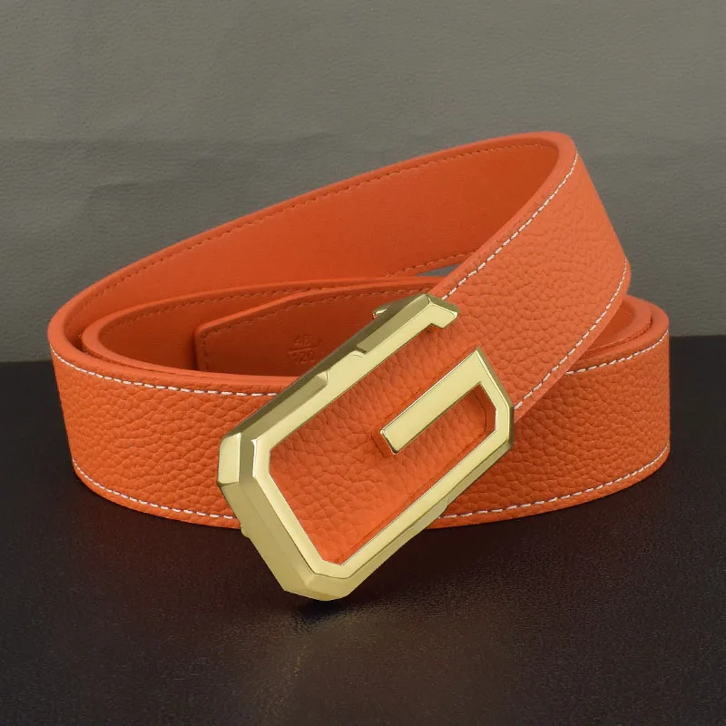 

High Quality Designer Fashion Belts Men Letter Buckle Orange Belt Genuine Leather Young Men Summe Luxury Cowskin Waist Strap