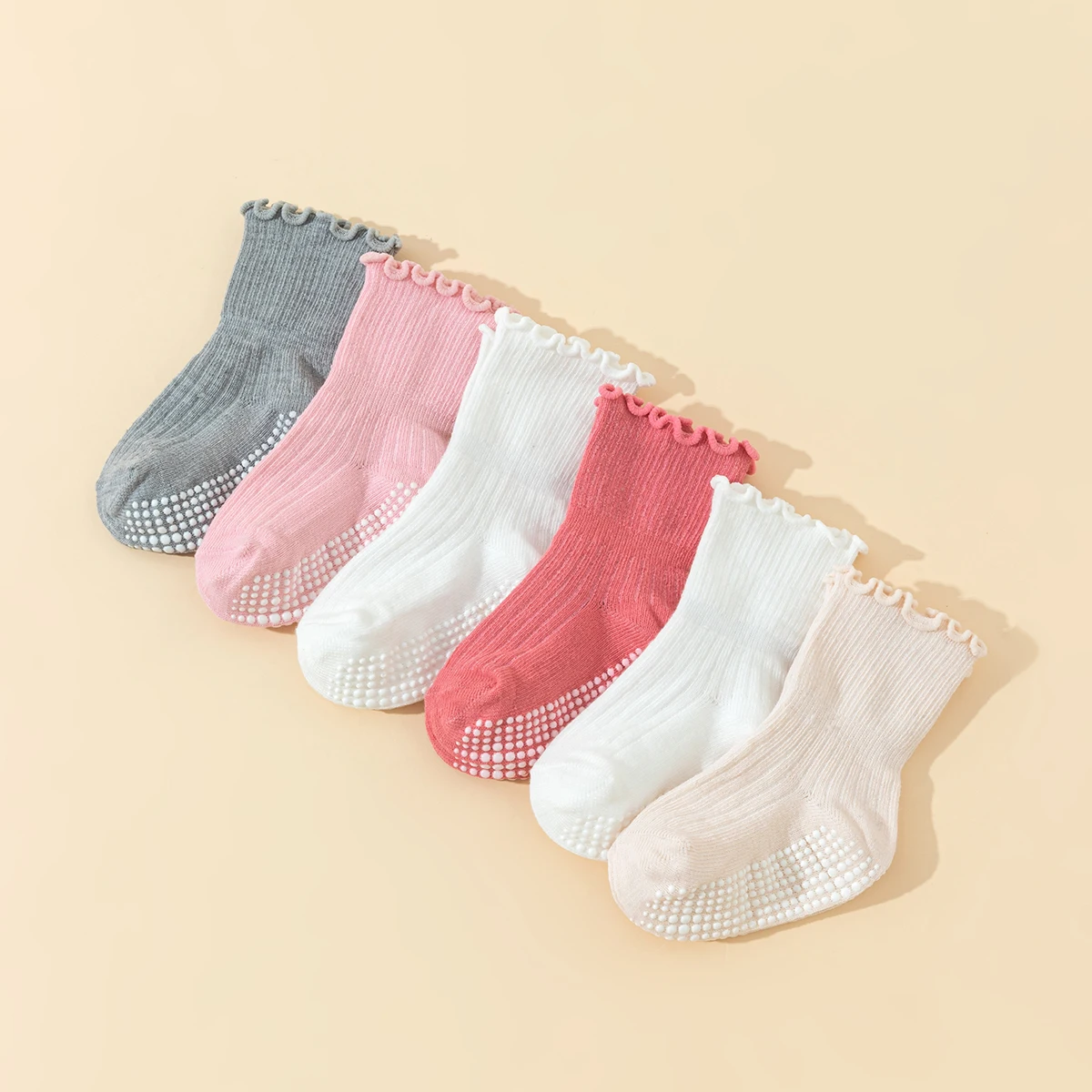 6 أزواج من الجوارب القطنية للفتيات الصغيرات مع دانتيل - جوارب جل للأطفال مضادة للانزلاق، جوارب مشي لطيفة بتصميم كشكشة غير قابلة للانزلاق
