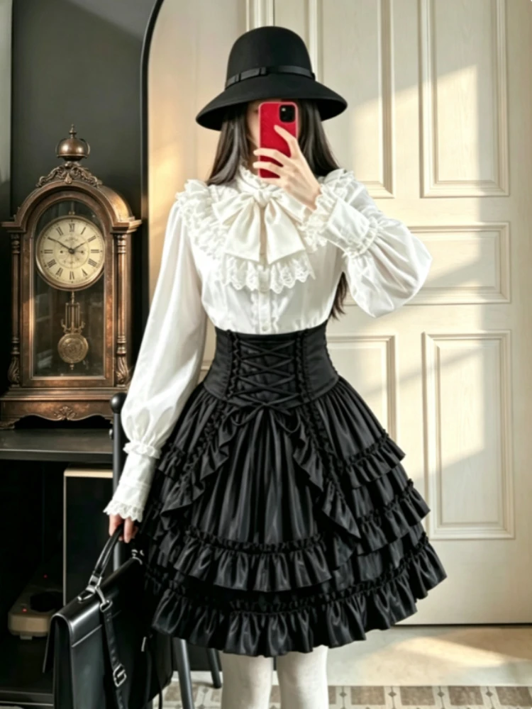 Retro French Court Women 2 Piece Set Elegant Ruffle Blouse Short Skirt Autumn Outfit For Wedding Party Evening Casual Occasions