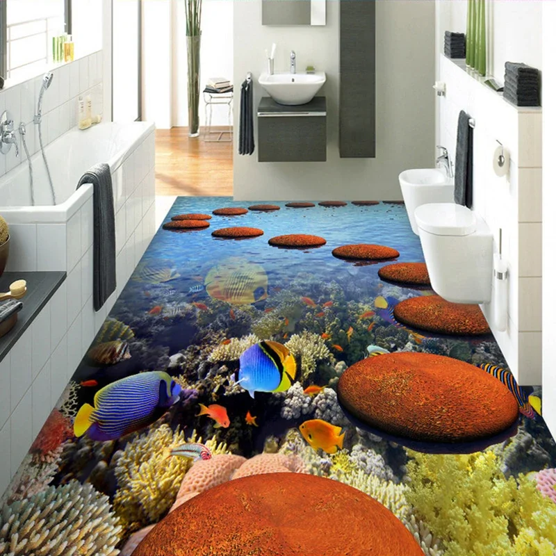 

3D Floor Sticker Mural Vinyl Wallpaper Home Decor Coral Tropical Fish Ocean Bathroom Floor Painting PVC Self-adhesive Wallpaper