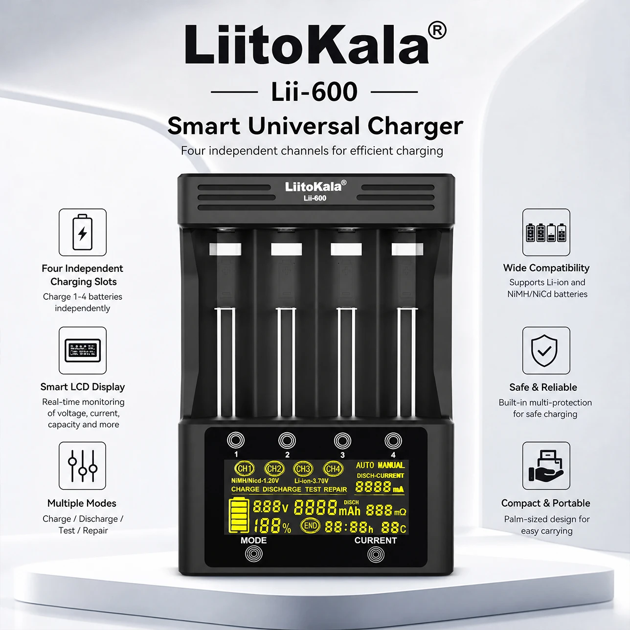 LiitoKala Lii-600 4 Slot Smart Battery Charger LCD Fast Charge for 18650 26650 21700 AA AAA NiMH Li-ion Rechargeable Batteries