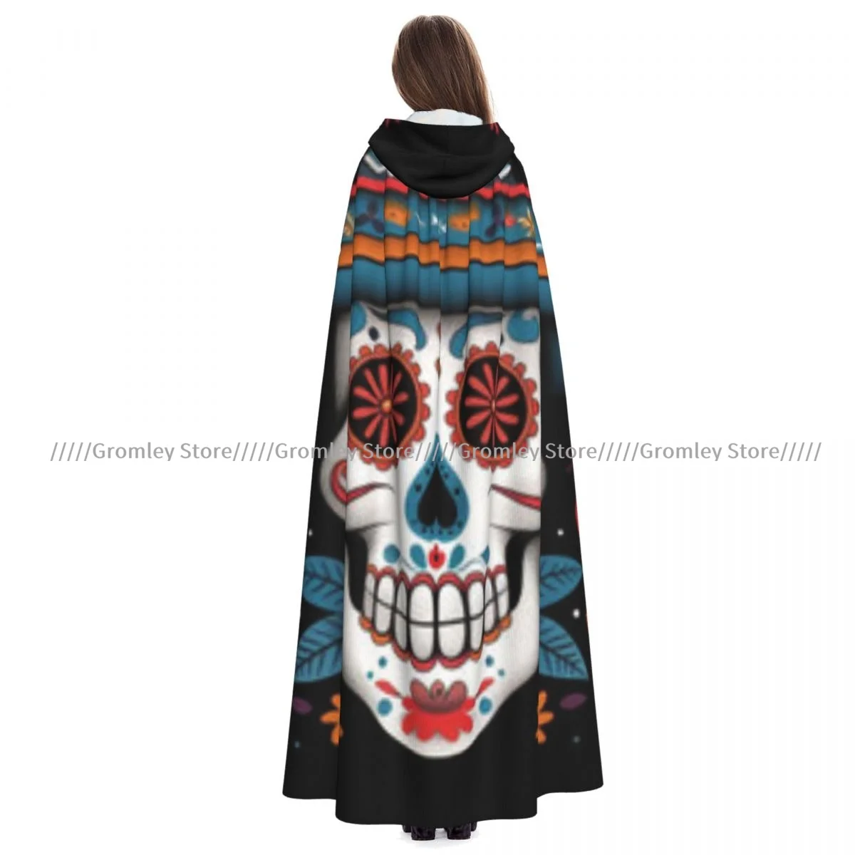 Unisex Halloween Cloak Sugar Skull Wearing Mexican Sombrero Cape Hooded Medieval Costume Witch Wicca Vampire