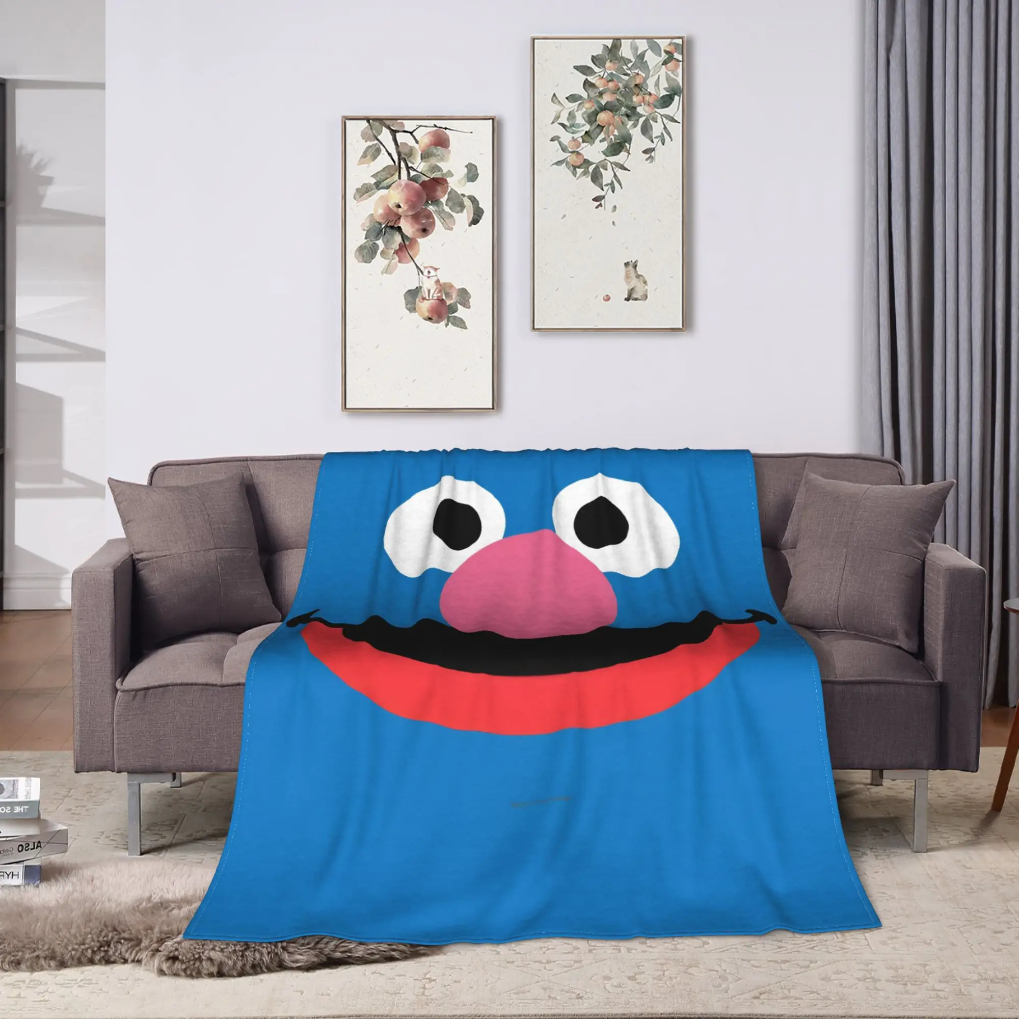 Grover Face Art Blanket S-Sesames Streets Travel Flannel Throw Blanket For Outdoor Warm Quality Bedspread Birthday Present