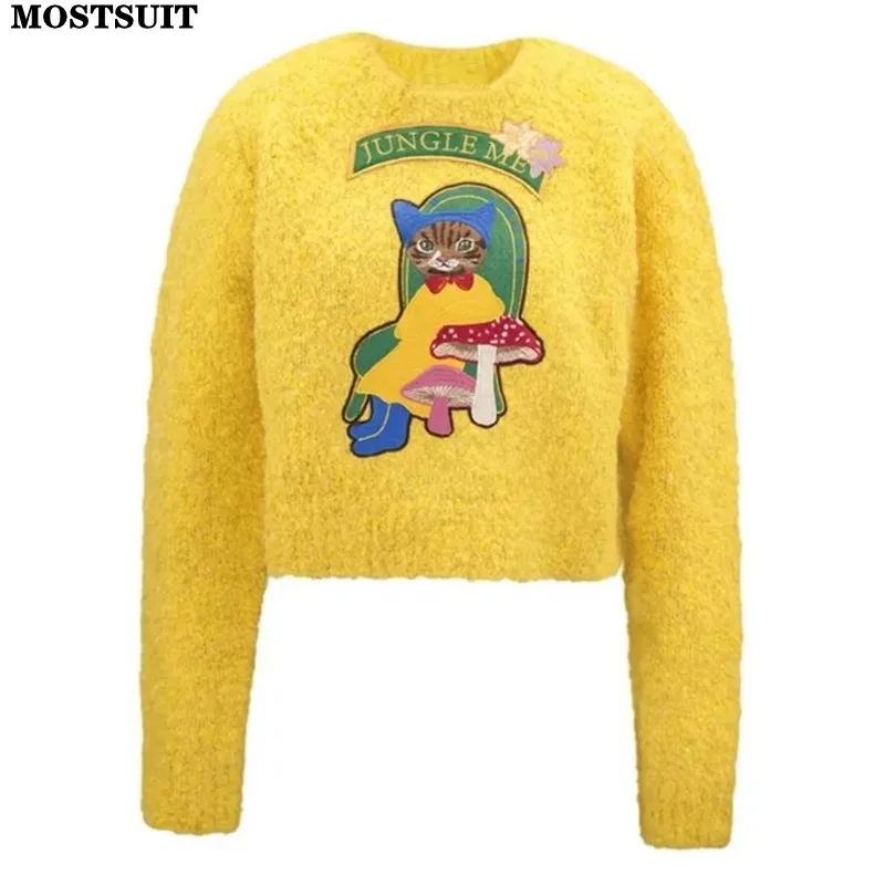 Yellow Cartoon Embroidered Knit Sweater Women Pullovers Knitwear 2024 Spring Long Sleeve O-neck Elegant Stylish Chic Fashion Top