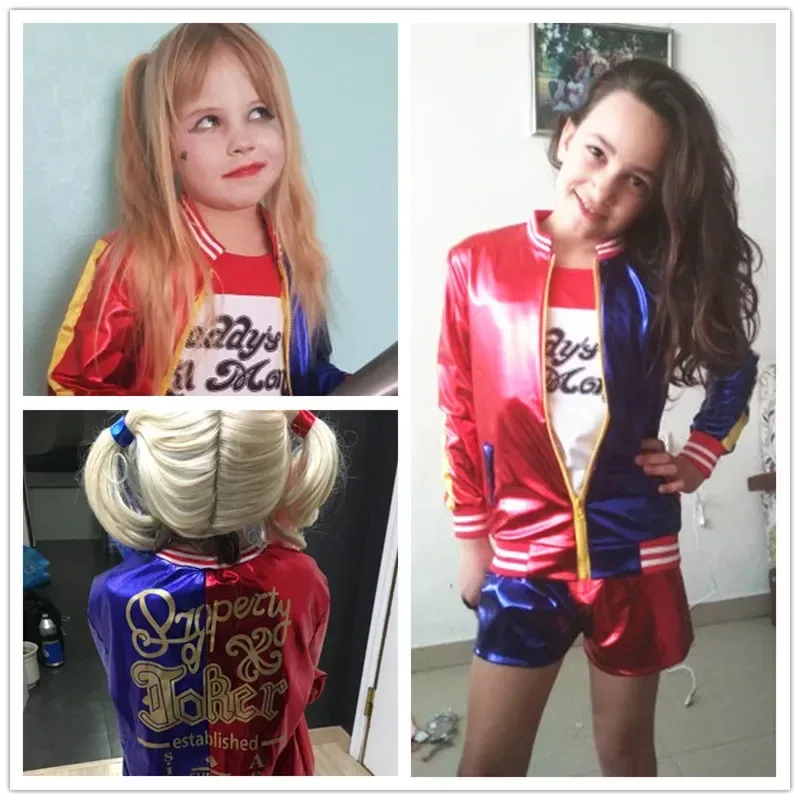 Kostiumy Carnival Suicide Squad Alerquina Quinn Cosplay dla dzieci, dziewczęce kurtki i garnitury z peruką i rękawiczkami