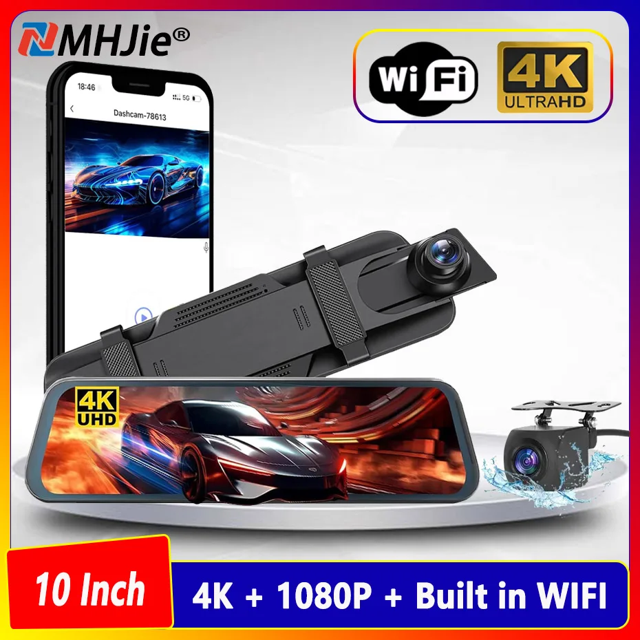 10'' Rear View Mirror Camera with WiFi, 4K Dash Cam Front and 1080P Rear with WDR, Touch Screen Rearview Mirror Backup Camera