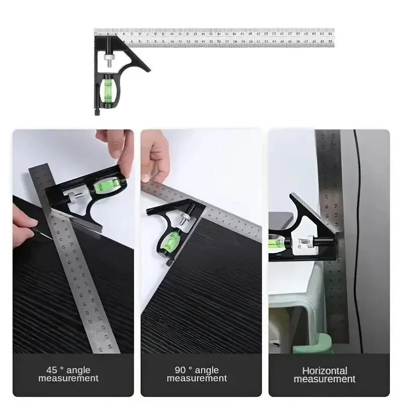 New 300mm Stainless Steel Angle Combination Square Ruler Horizontal Movable Carpenter Woodworking 45 Degree Right Level Moving