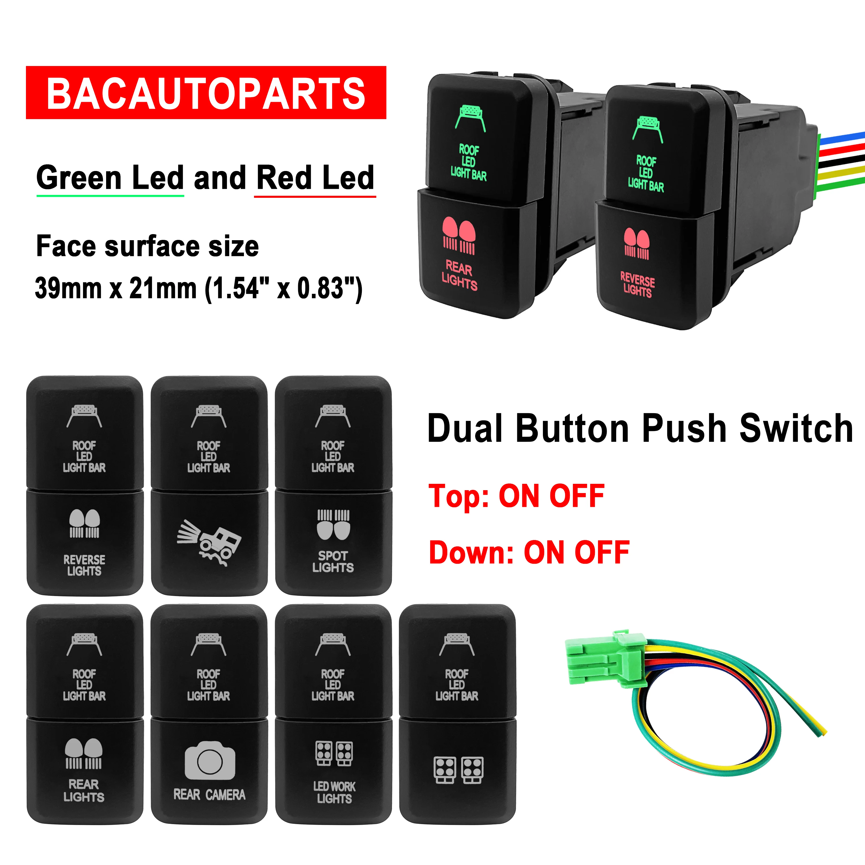 12V Green Red Led Dual Button Push Switches LED LIGHT BAR & SPOT LIGHTS With Cable Connector For Toyota 4Runner Hilux RAV4 Prado