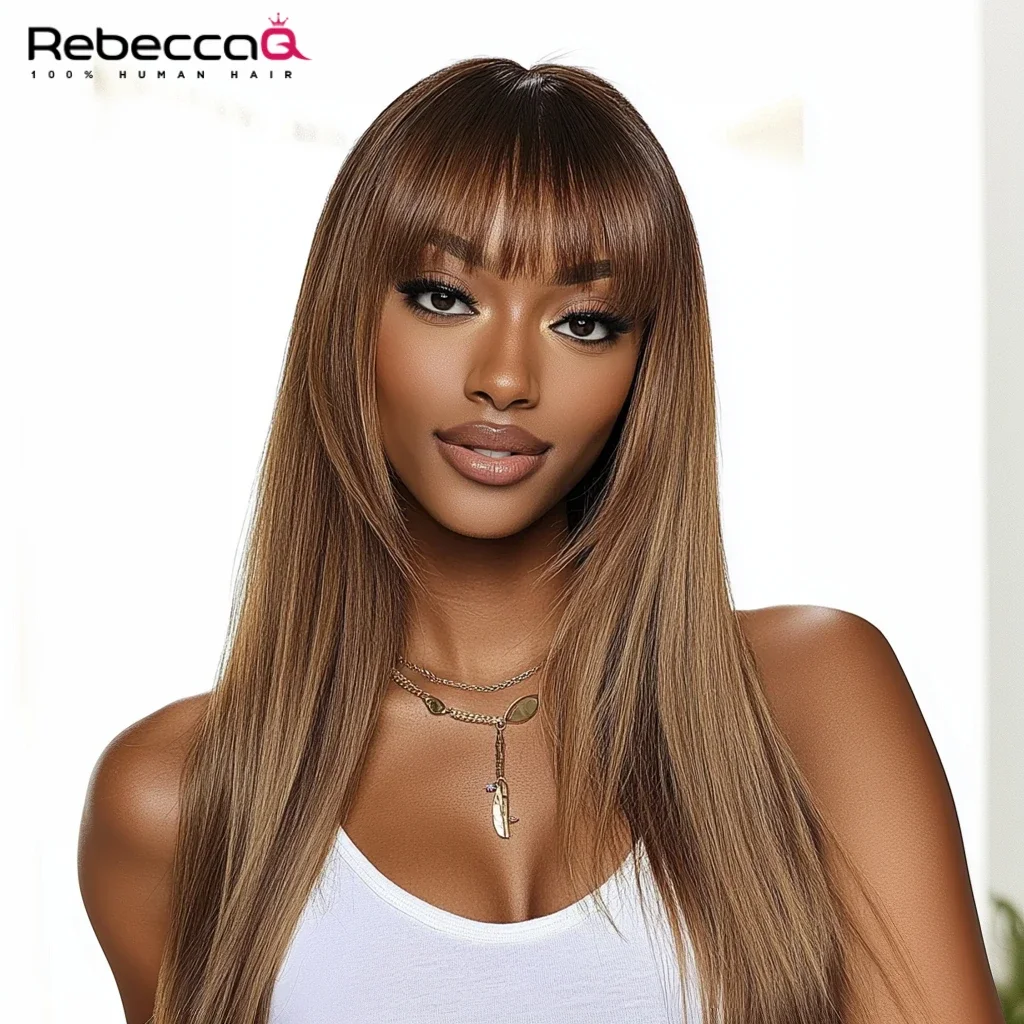 Highlight Brown Straight Human Hair Wigs With Bangs For Women Brazilian Remy Hair Full Machine Made 28