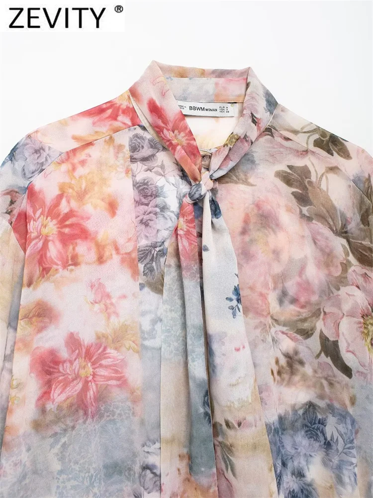 Zevity Women Fashion Bow Tied Collar Colorful Floral Print Chiffon Smock Blouse Office Lady Chic Shirts Blusas Tops LS7125