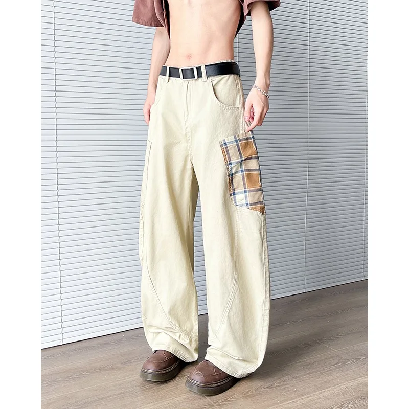 

Модные клетчатые лоскутные повседневные свободные прямые мужские рабочие брюки на пуговицах, хлопковые молодежные длинные брюки на весну и осень