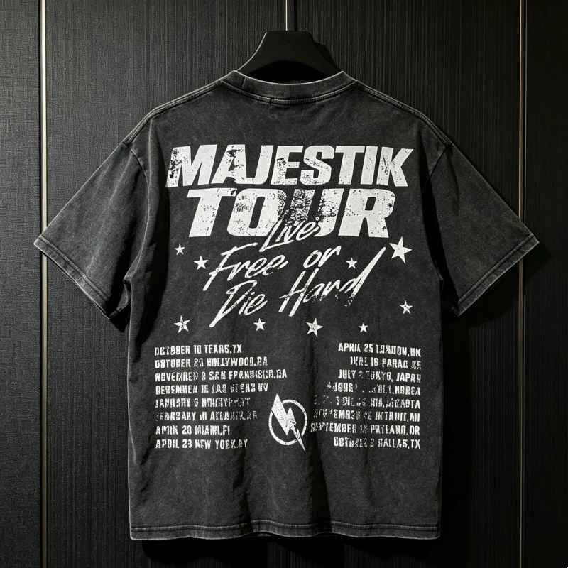 Summer Men Women Washed Black MAJESTIK Tshirts Graffiti Motorcycle Racing Hotfix Rhinestone Letter Round Neck Short Sleeve Top