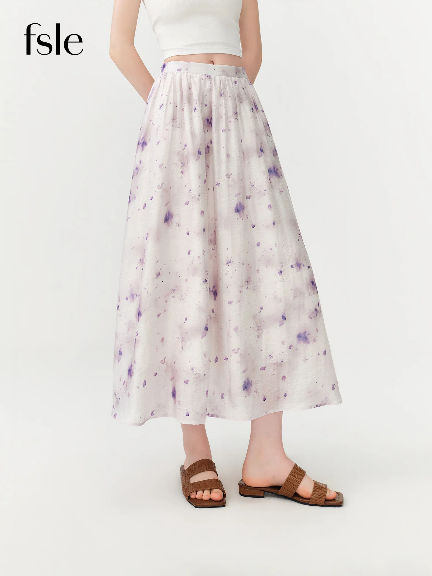 FSLE 2026 Summer Women's Lilac Tie-Dye A-Line Midi Skirt with High Waist and Flowey Drape for Vacation and Daily Outings