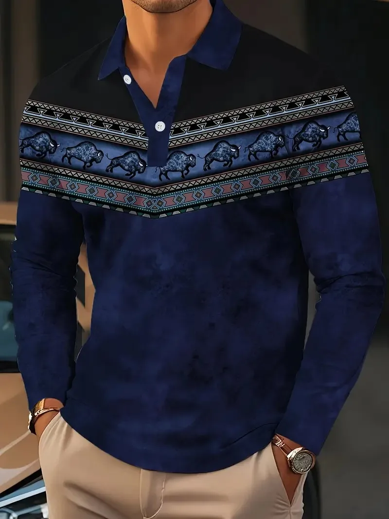 

Новая мужская рубашка ПОЛО с длинными рукавами весной и осенью 2025 года — повседневная модная и удобная с 3D-принтом в полоску.